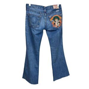 TRUE RELIGION BUDDHA BACK POCKET EMBROIDERY DISTRESSED FLARED RARE CROPPED JEANS